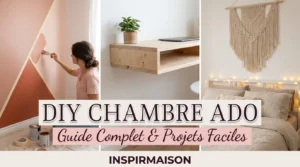 Jeune femme peignant mur géométrique, étagère flottante bois, chambre ado décorée macramé.