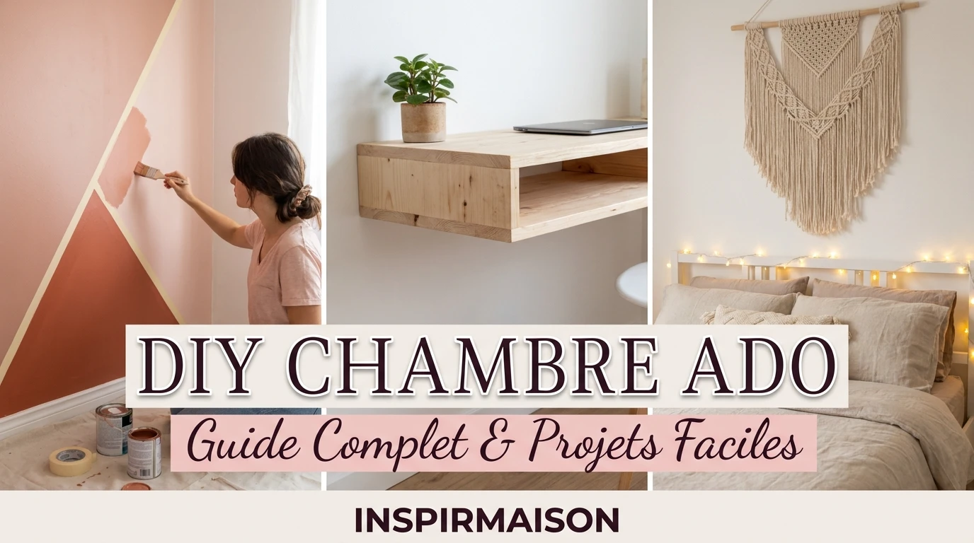 Jeune femme peignant mur géométrique, étagère flottante bois, chambre ado décorée macramé.
