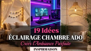 Éclairages variés pour chambre ado: guirlandes lumineuses, LED gaming, suspension rotin.