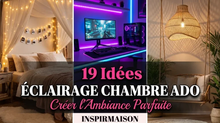 Éclairages variés pour chambre ado: guirlandes lumineuses, LED gaming, suspension rotin.