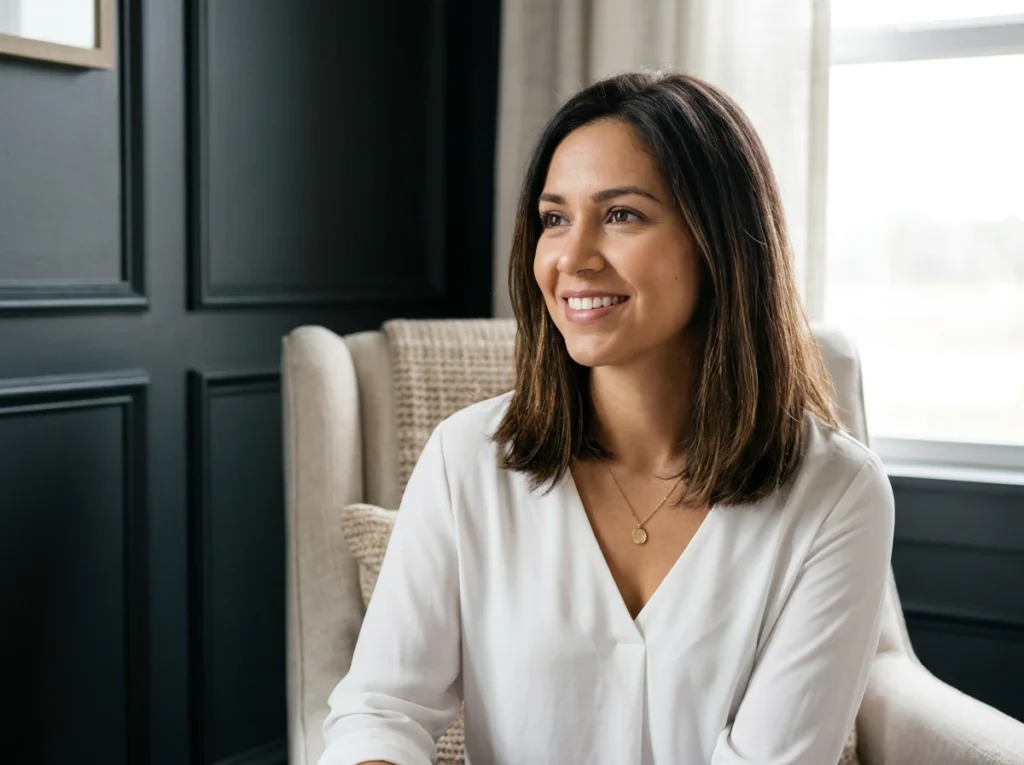 Jeune femme souriante, professionnelle, assise dans un fauteuil confortable, regardant au loin.