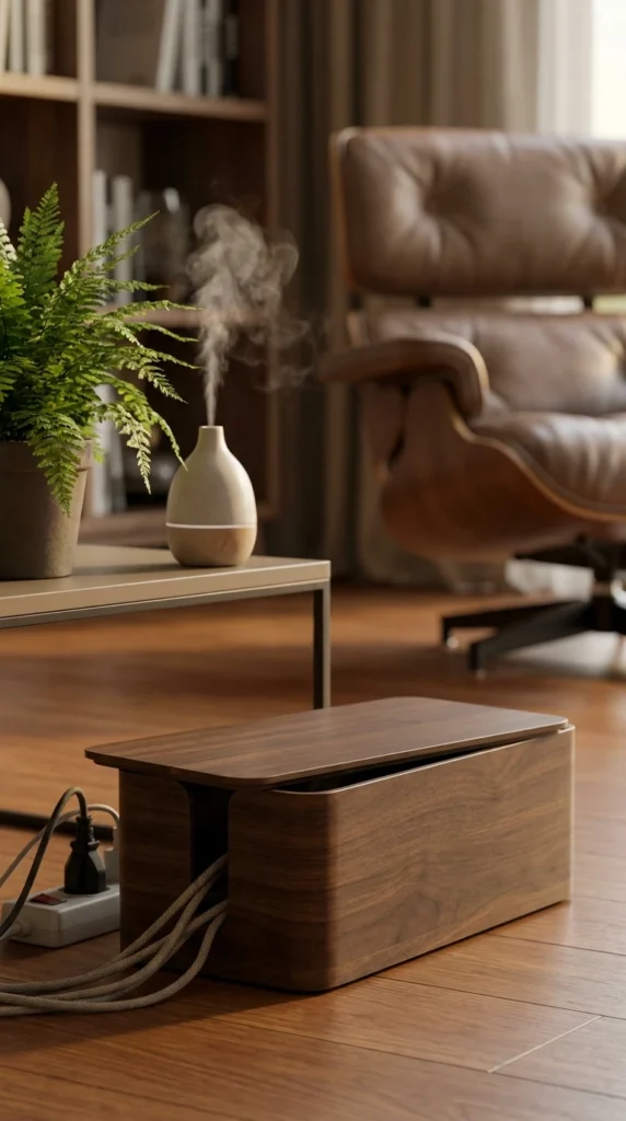 Boîte de gestion de câbles en bois, diffuseur d'huiles essentielles, plante verte, salon moderne.