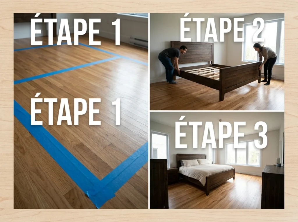 Étapes d'aménagement de chambre: planification au sol, installation lit, chambre finie.