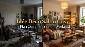 Transformation d'un salon désordonné en espace cosy et chaleureux, avant et après.
