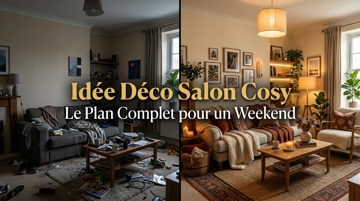 Transformation d'un salon désordonné en espace cosy et chaleureux, avant et après.