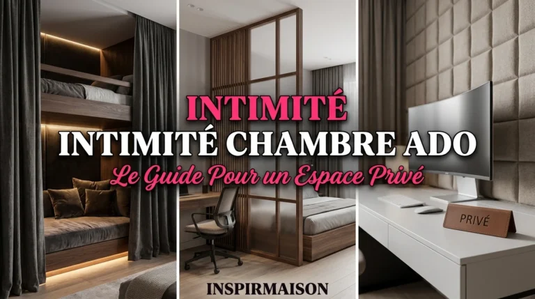 Chambre ado moderne avec lits superposés, séparation et bureau pour intimité.