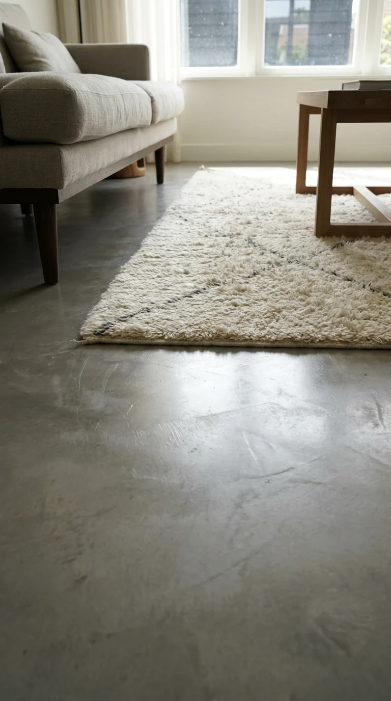 Le béton ciré au sol, associé à un tapis épais