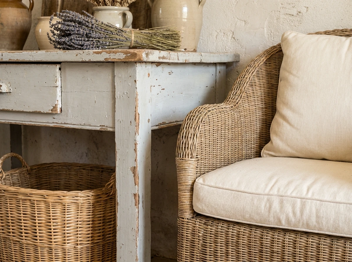 Le mobilier : bois patiné, osier et rotin
