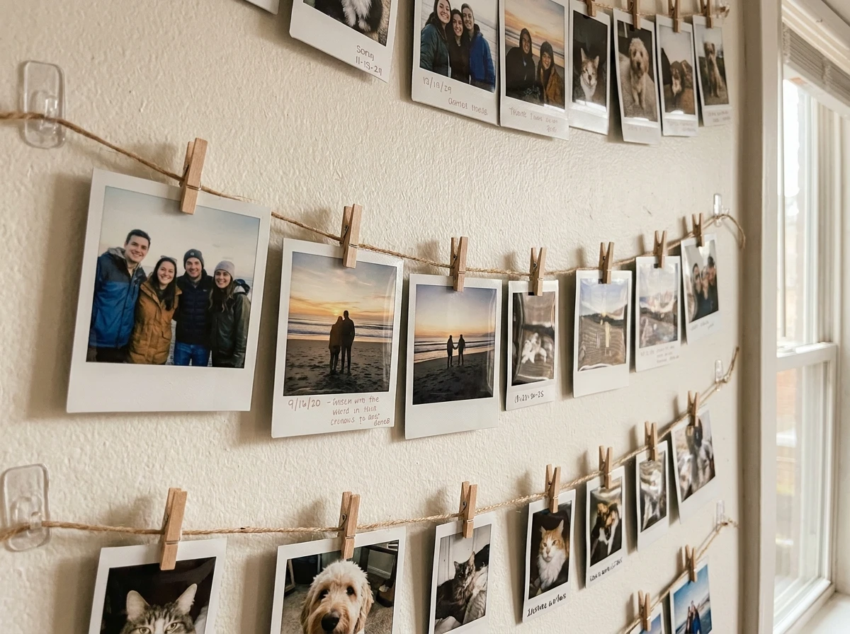 Le Mur Polaroid sur Fil: Nostalgie et Tendresse