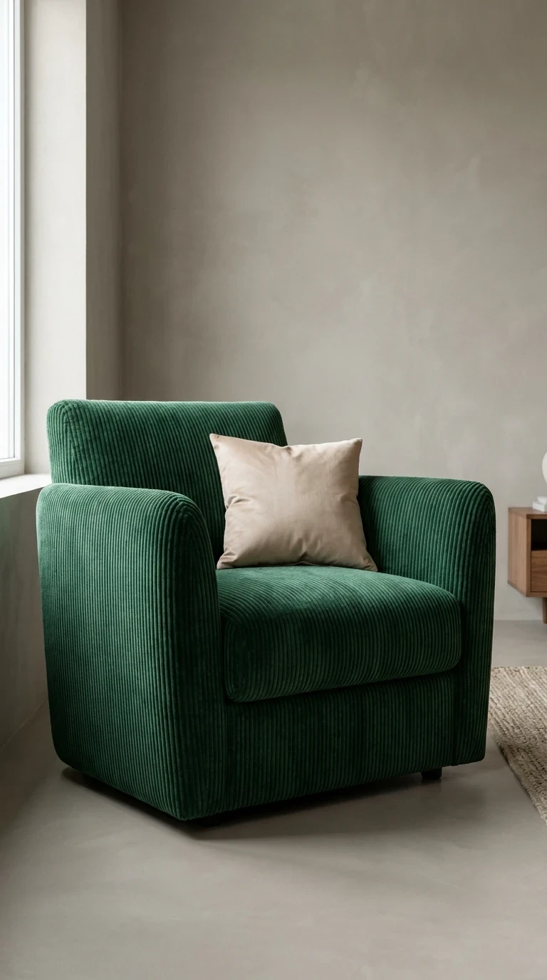 Le velours côtelé en couleur profonde sur un fauteuil