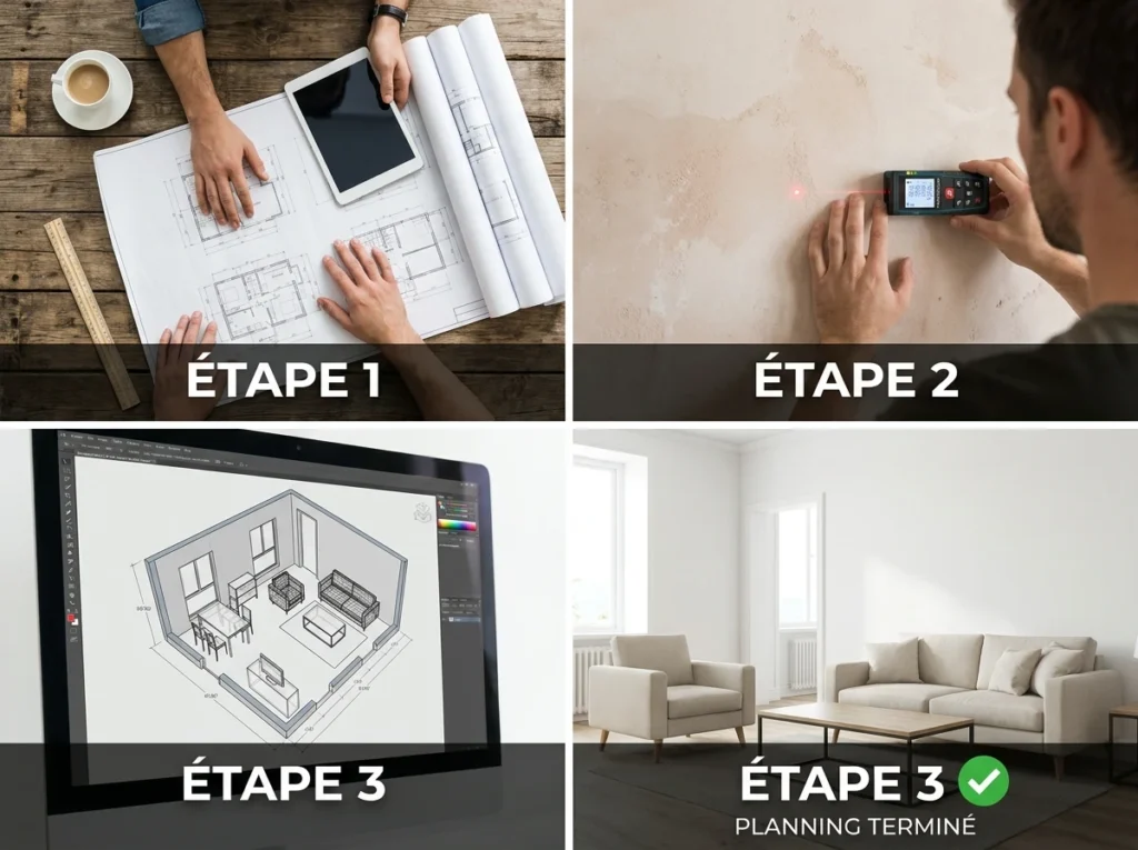 Processus de design intérieur: plans, mesures, rendu 3D, salon moderne aménagé.