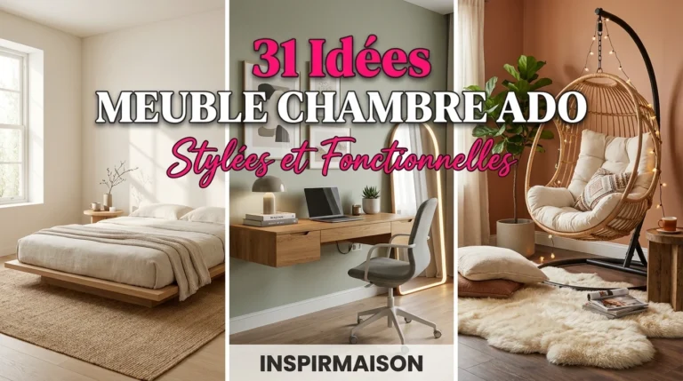 Collage de trois chambres ado modernes: lit, bureau flottant, fauteuil suspendu.