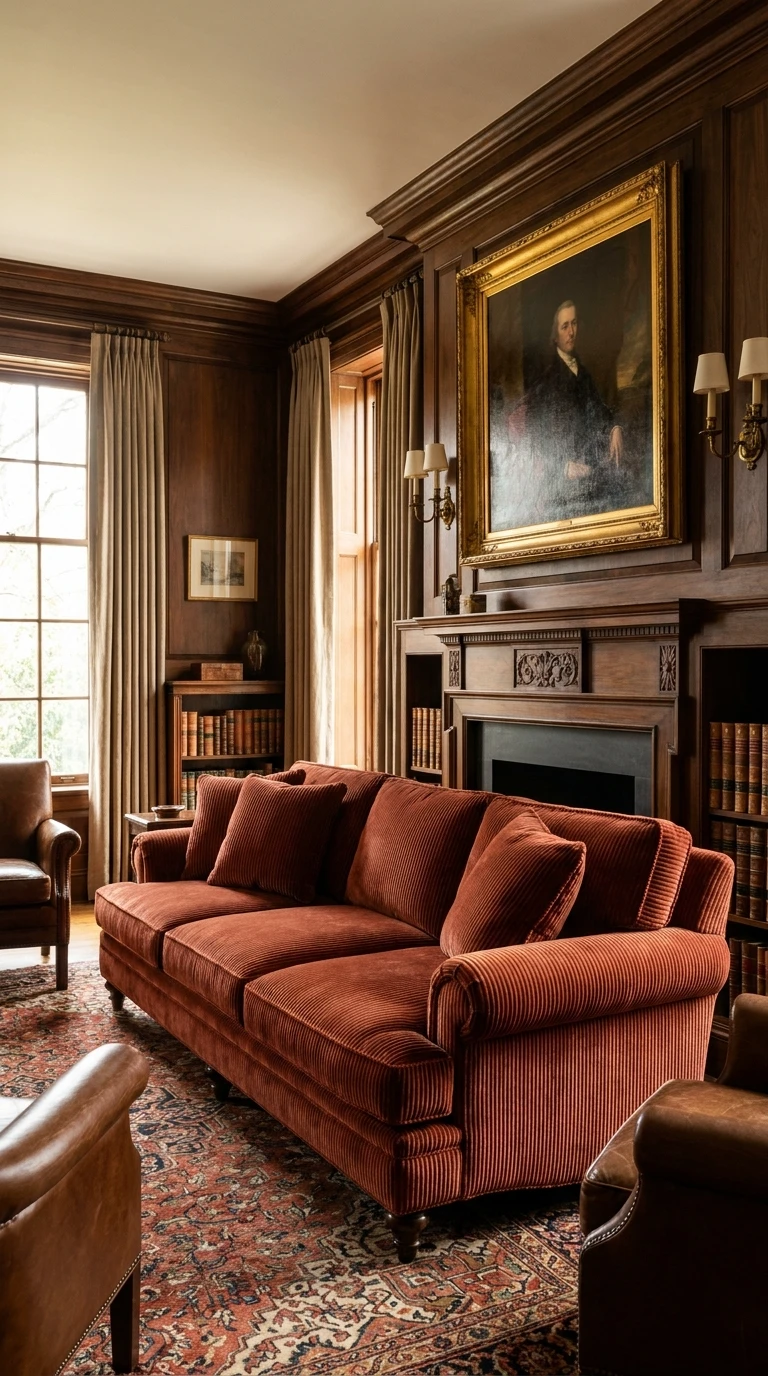 Misez sur un canapé en velours côtelé aux tons terracotta ou vert anglais