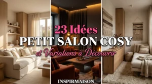 Trois salons cosy variés : lumineux, moderne foncé, et petit espace chaleureux.