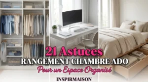 Chambre ado organisée avec placard, bureau moderne et lit à tiroirs de rangement.