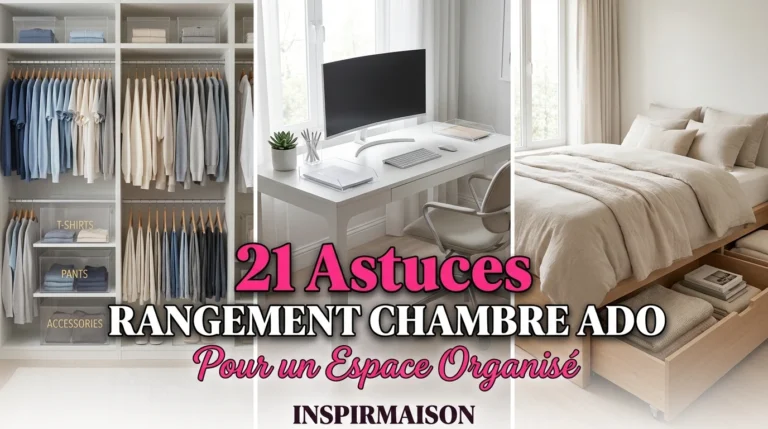 Chambre ado organisée avec placard, bureau moderne et lit à tiroirs de rangement.