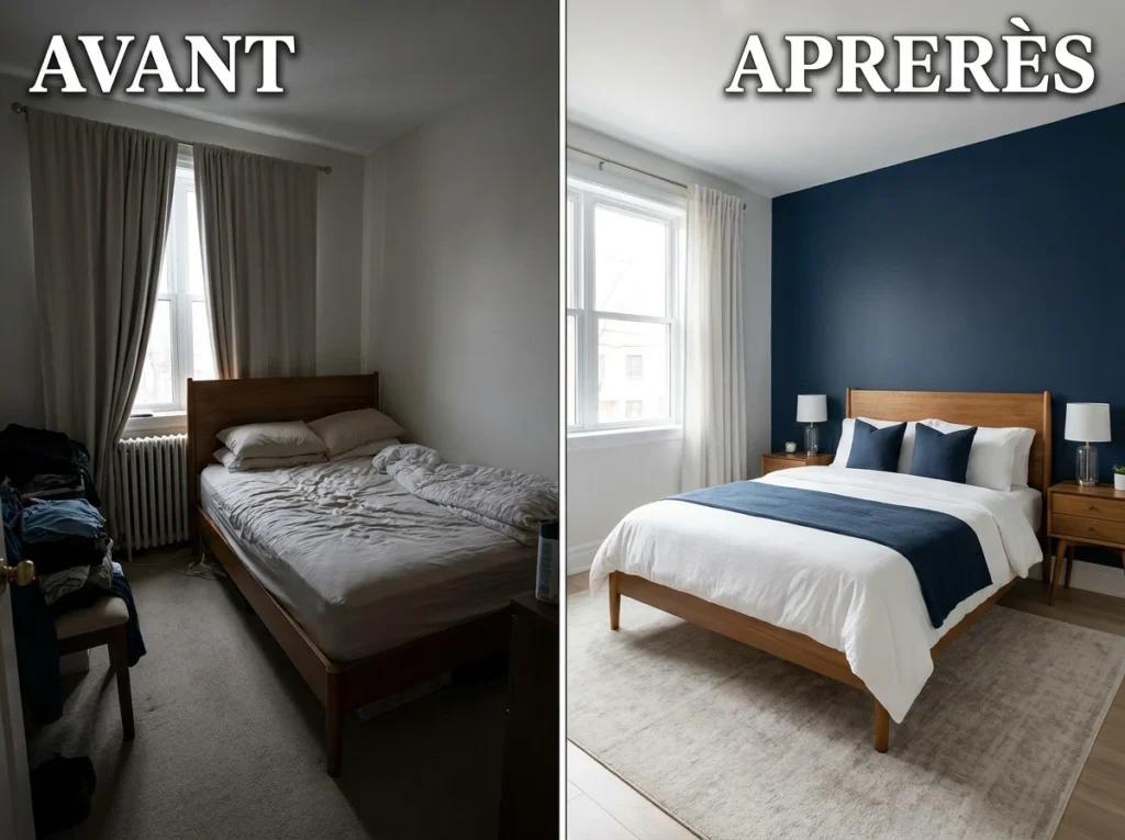 Transformation spectaculaire d'une chambre: avant désordonné, après moderne avec mur bleu marine.