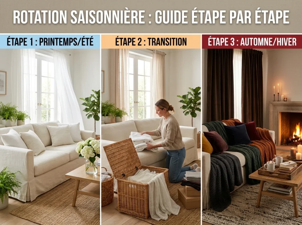 Guide de rotation saisonnière d'un salon, du printemps à l'hiver, étape par étape.