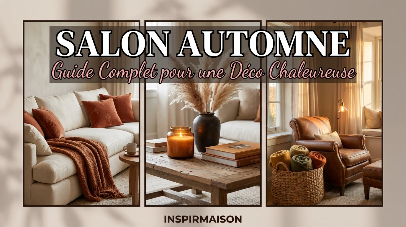 Salon automnal chaleureux avec canapé, bougie, fauteuil cuir et plaids douillets.
