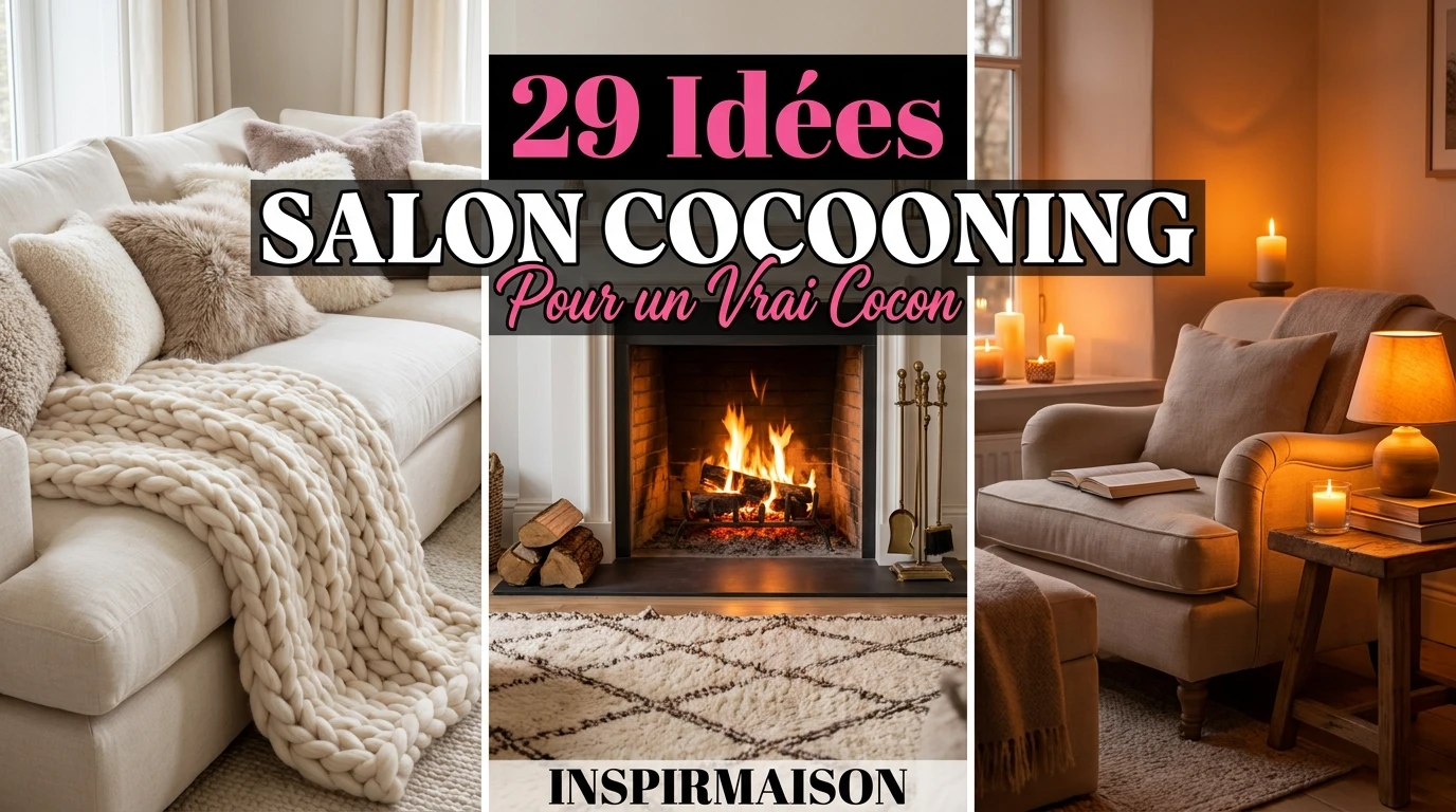 Salon cocooning, cheminée chaleureuse, canapé douillet, fauteuil lecture, ambiance relaxante.