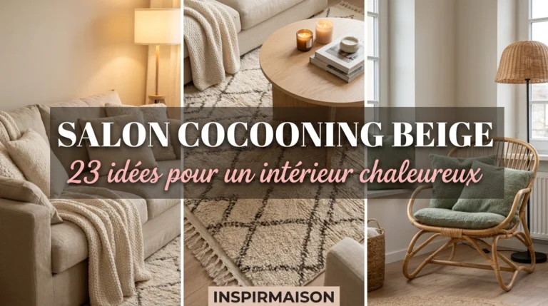 Salon cocooning beige avec canapé, tapis moelleux, fauteuil rotin, ambiance chaleureuse.
