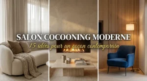 Trois salons cocooning modernes avec canapé, cheminée et fauteuil bleu.