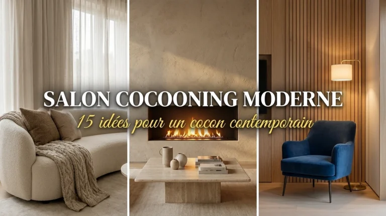 Trois salons cocooning modernes avec canapé, cheminée et fauteuil bleu.