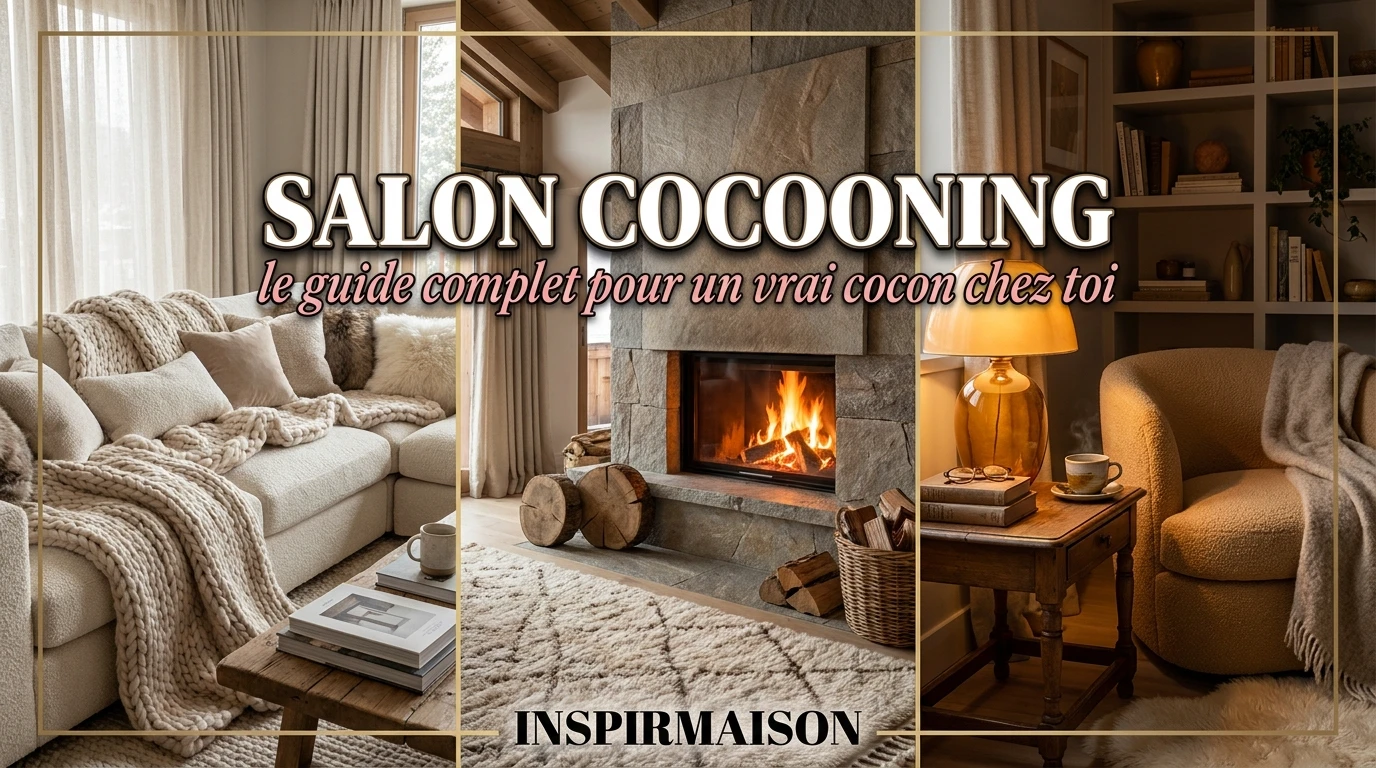 Salon cocooning avec cheminée, canapé douillet, plaid tricoté et fauteuil confortable.