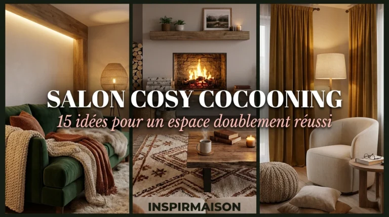 Trois salons cosy avec cheminée, canapé vert, fauteuil beige, ambiance chaleureuse.