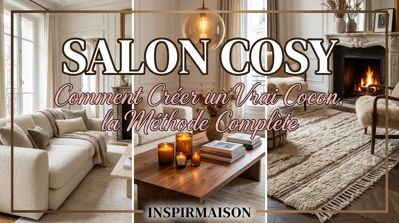 Salon cosy avec cheminée allumée, canapé moelleux, bougies et tapis douillet.
