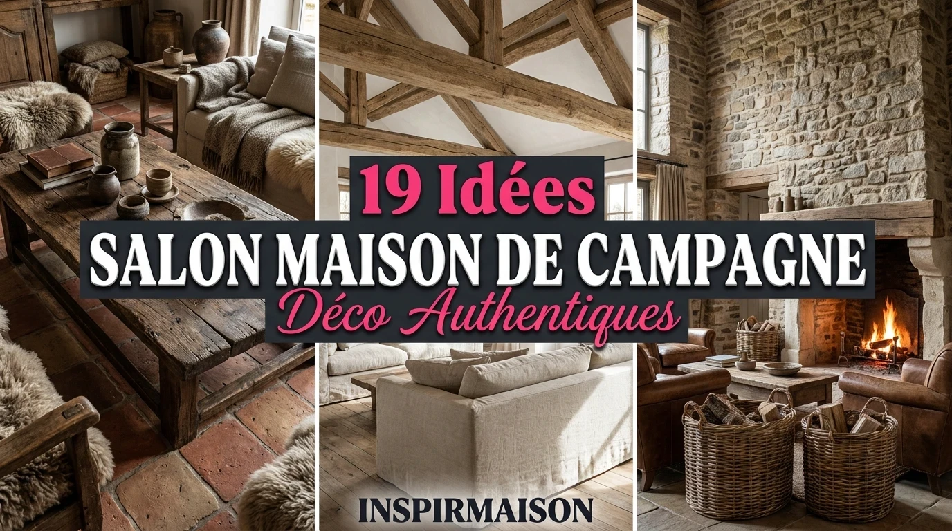 Salon maison de campagne rustique avec poutres, cheminée et meubles en bois.