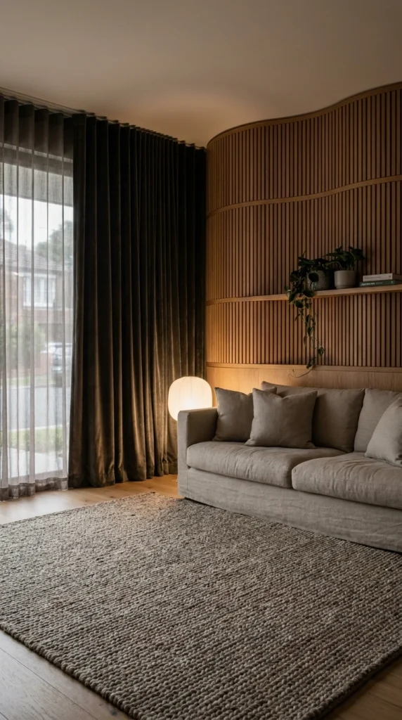 Salon moderne, canapé beige, rideaux velours, mur bois courbé, tapis texturé.