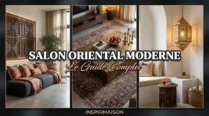 Salon oriental moderne, canapé gris, tapis persan, lanterne marocaine, décoration intérieure.