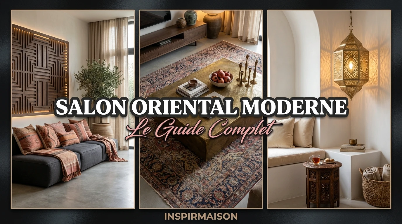 Salon oriental moderne, canapé gris, tapis persan, lanterne marocaine, décoration intérieure.