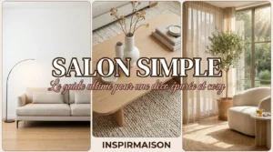 Aménagement salon simple, épuré et cosy avec mobilier clair et plante.