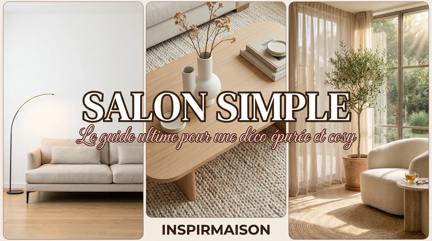 Aménagement salon simple, épuré et cosy avec mobilier clair et plante.