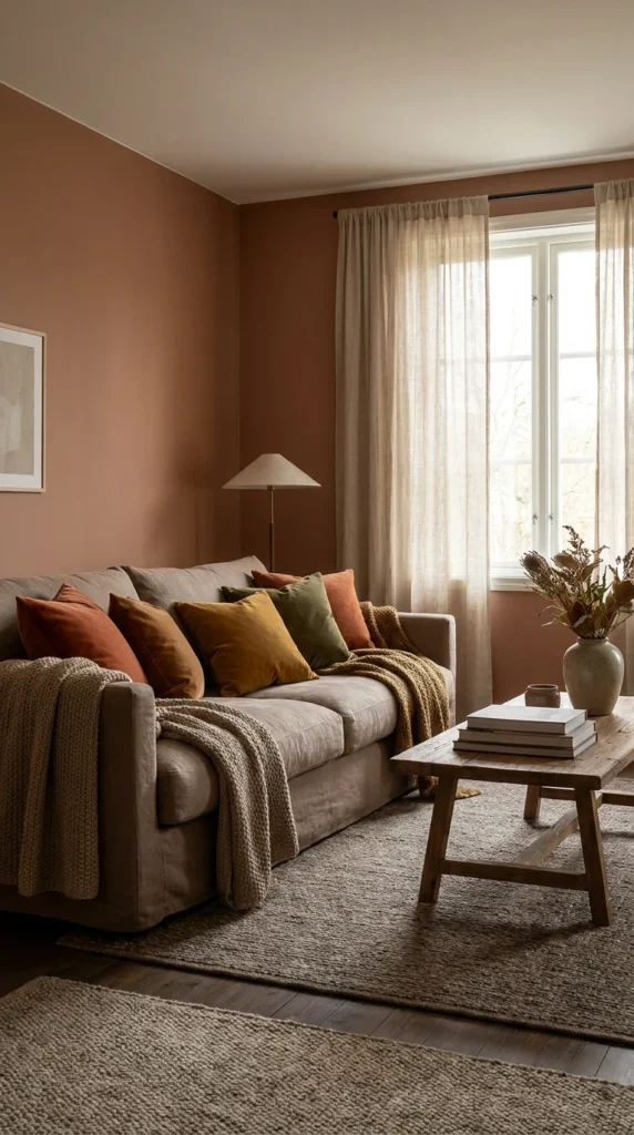 Salon cosy aux murs terracotta, canapé beige, coussins chauds et table basse.