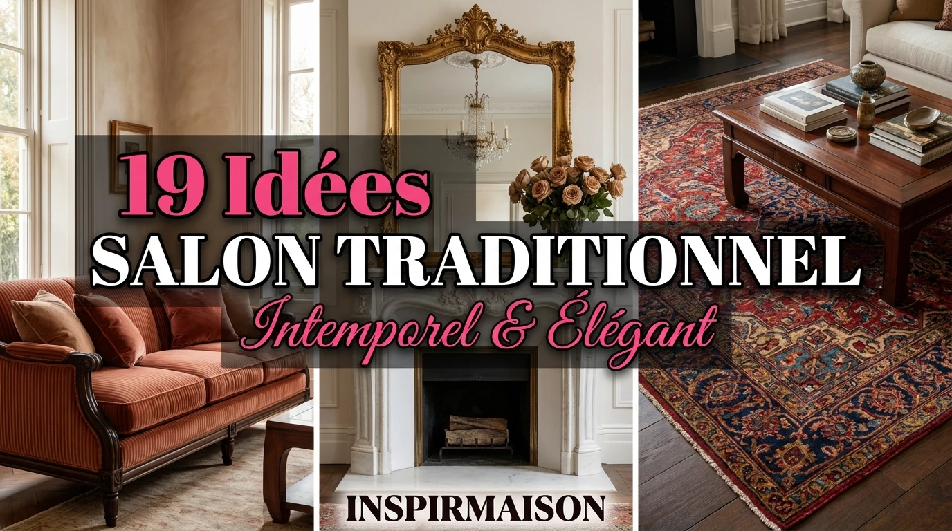 Salon traditionnel élégant avec canapé, miroir doré, cheminée et tapis persan.