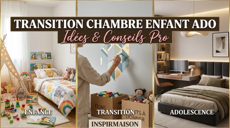 Triptyque illustrant la transformation d'une chambre d'enfant colorée en une chambre d'ado moderne.