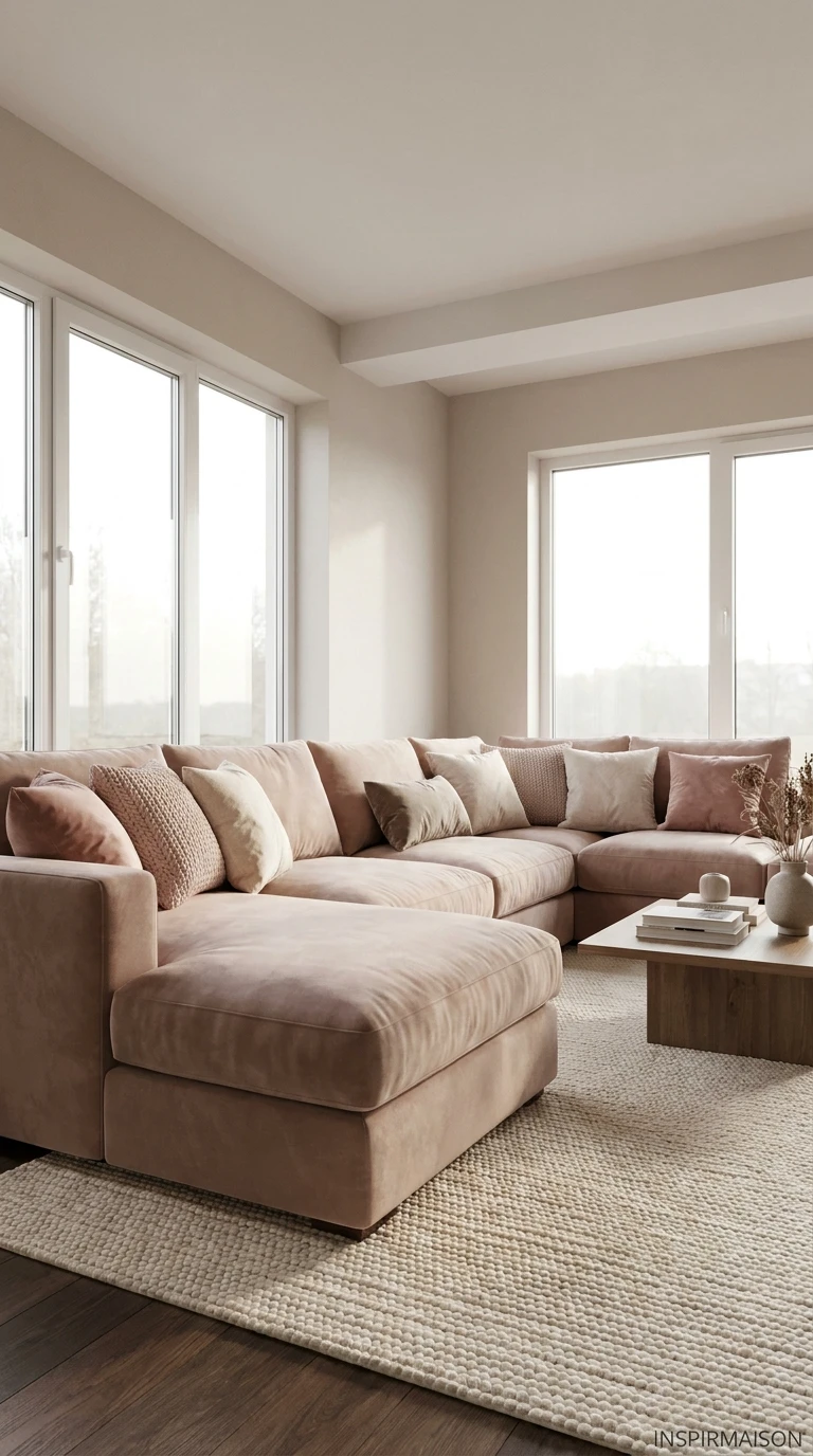 Un canapé d'angle en velours beige rosé pour une version plus douce