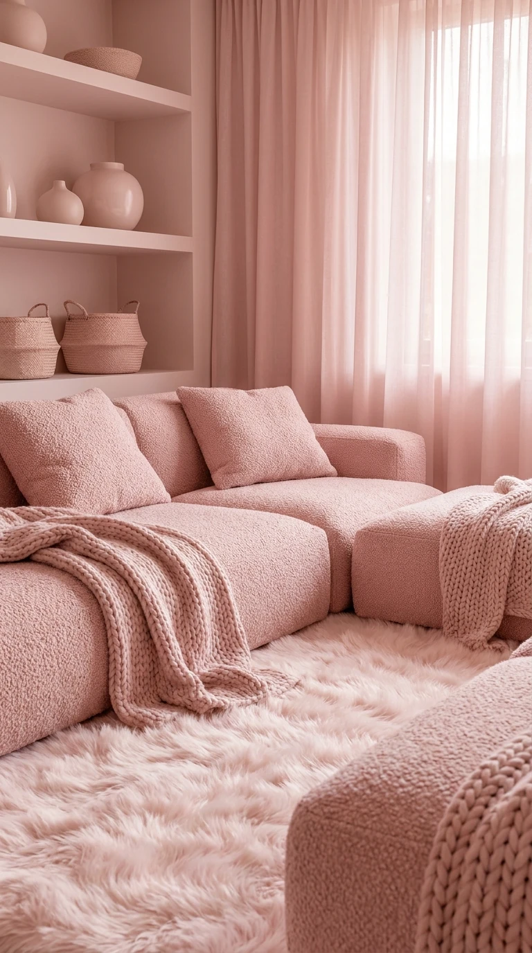 Un salon rose pastel façon cocooning