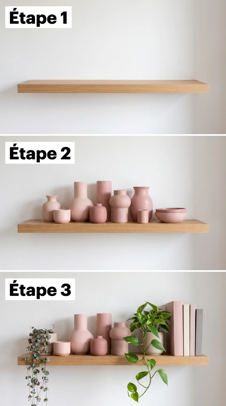 Une étagère avec des objets en céramique rose