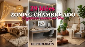 Chambre ado moderne avec coin nuit, bureau et espace détente, idées de zoning.