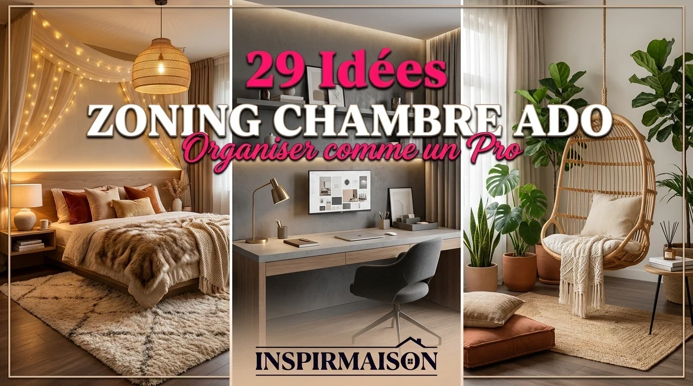 Chambre ado moderne avec coin nuit, bureau et espace détente, idées de zoning.