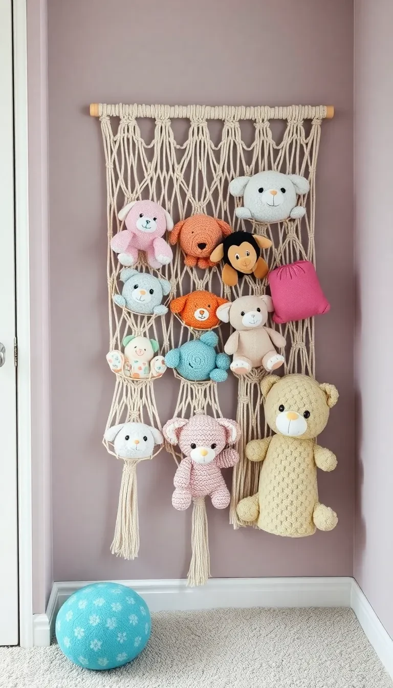 Accroche les peluches dans un filet mural fait maison