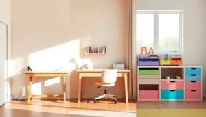Chambre lumineuse avec deux bureaux en bois, chaise ergonomique et rangements colorés près d'une fenêtre.