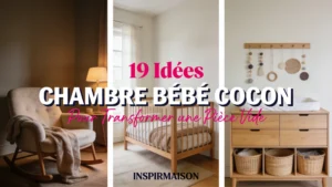 Chambre bébé cocon avec berceau, fauteuil à bascule, commode et décoration murale.