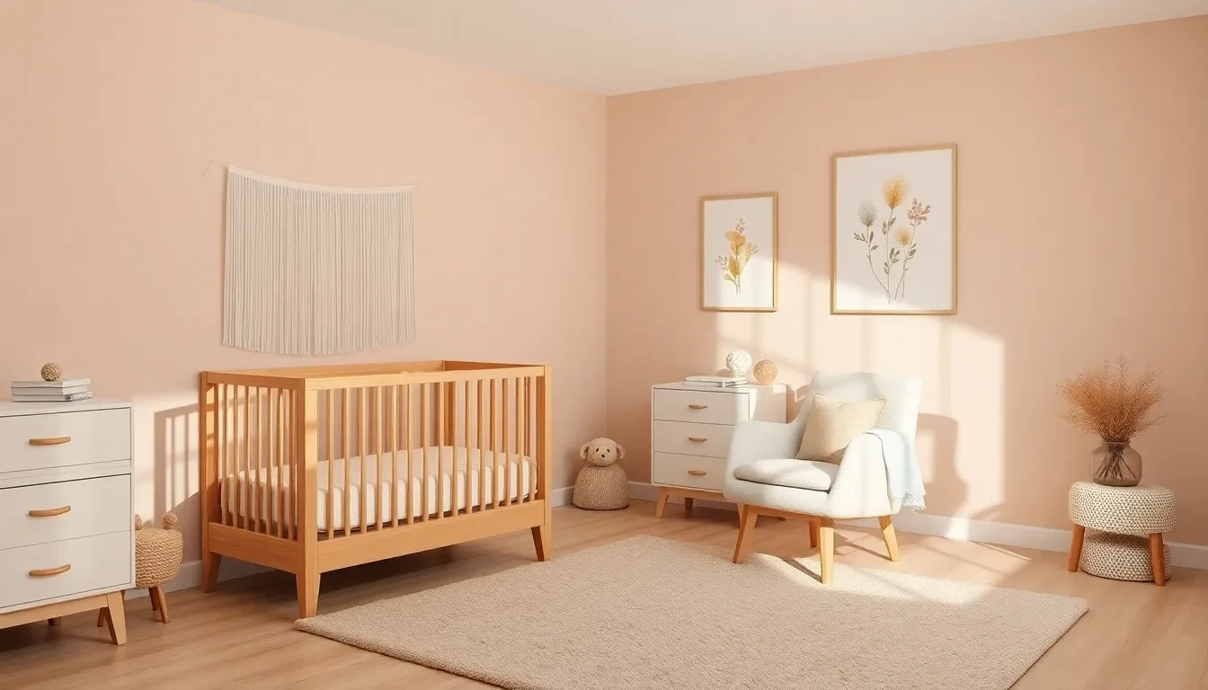 Chambre de bébé moderne et apaisante aux murs pêche, avec berceau en bois naturel.