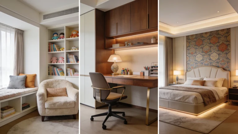 Trois scènes d'intérieur élégantes comprenant un coin lecture, un bureau et une chambre luxueuse.