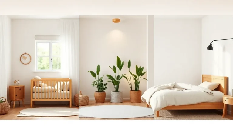 Trois intérieurs minimalistes scandinaves: chambre bébé, plantes vertes, chambre adulte en bois clair.
